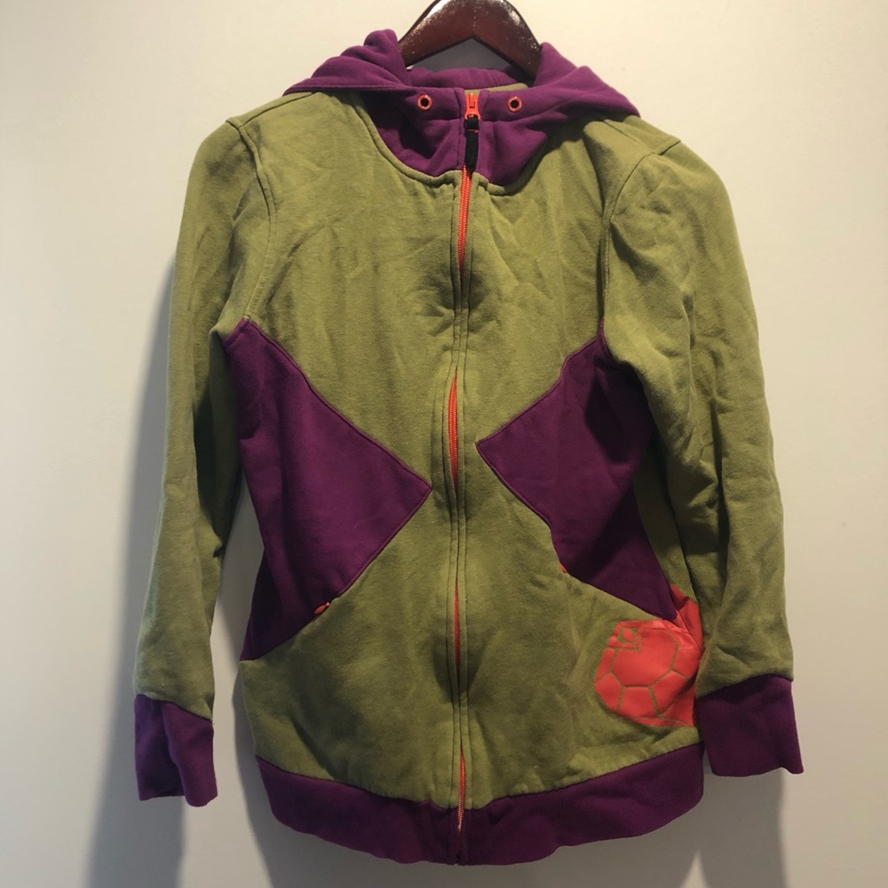 Purple Hooded Sweatshirt with Green Stitching and Orange Trim